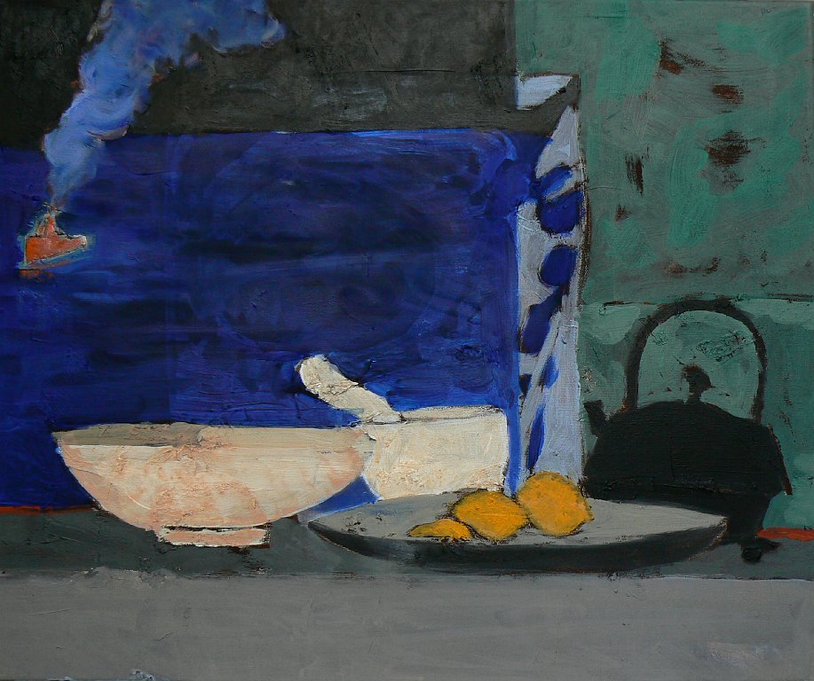 Théière, mortier et bol - 12F - huile sur toile